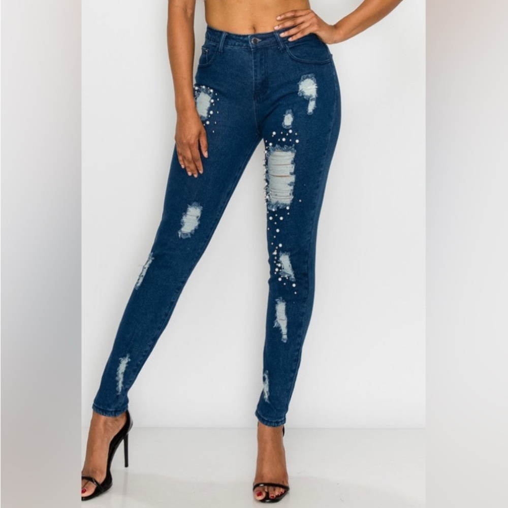 NEW Banjul Distressed Pearl Beaded Skinny Jeans Women’s Denim Blue 26 x 30 SMALL
